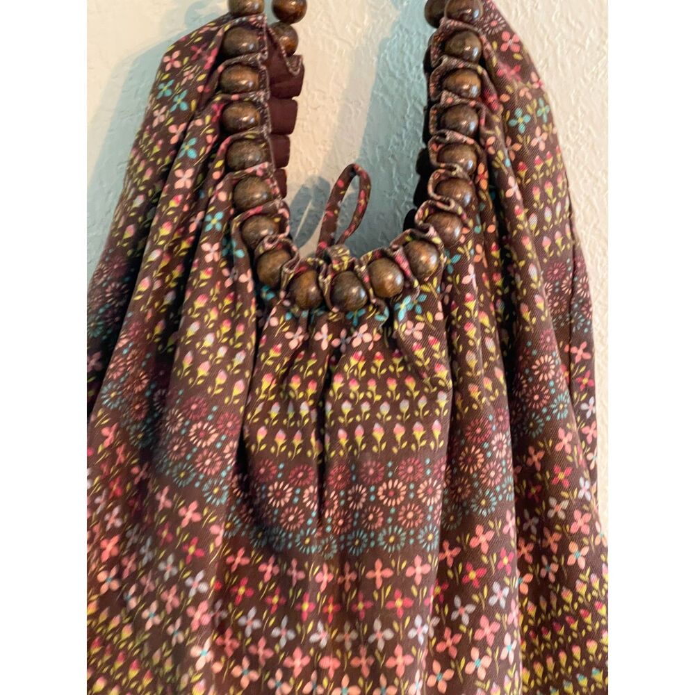 Vintage Floral Canvas Hobo Bag Wood Bead Handle Boho Brown Flowers Roomy 1980s - Picture 3 of 9